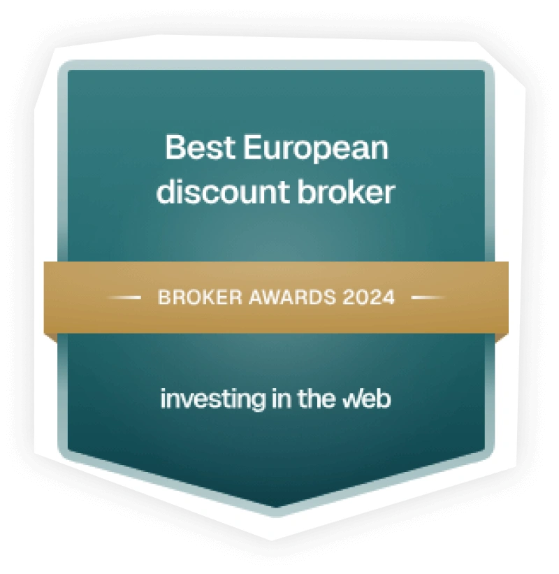 Insignia de premio al mejor broker de descuento europeo, reconocimiento en Broker Awards 2024.